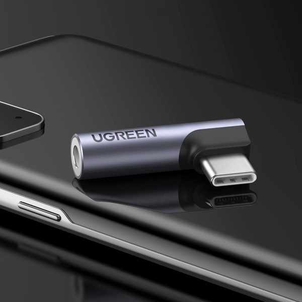 USB-C (vīriešu) - 3,5 mm mini ligzda (sieviešu) leņķiskais audio adapteris - pelēks