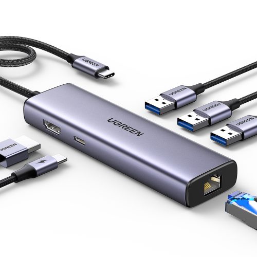 6in1 centrmezgla adapteris USB-C - 3x USB-A 3.0 / HDMI / RJ45 / USB-C PD - pelēks