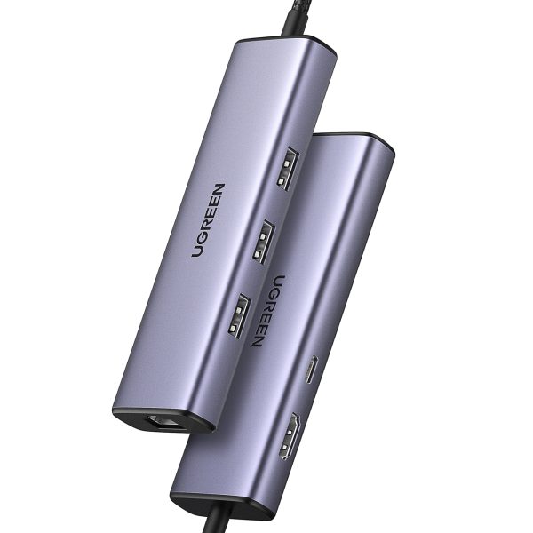 6in1 centrmezgla adapteris USB-C - 3x USB-A 3.0 / HDMI / RJ45 / USB-C PD - pelēks