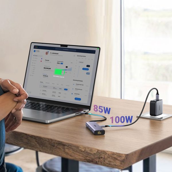 6in1 centrmezgla adapteris USB-C - 3x USB-A 3.0 / HDMI / RJ45 / USB-C PD - pelēks