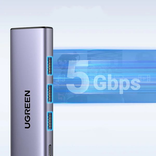 5in1 centrmezgla adapteris USB-C - USB-C PD / HDMI / 3x USB-A 3.0 - pelēks