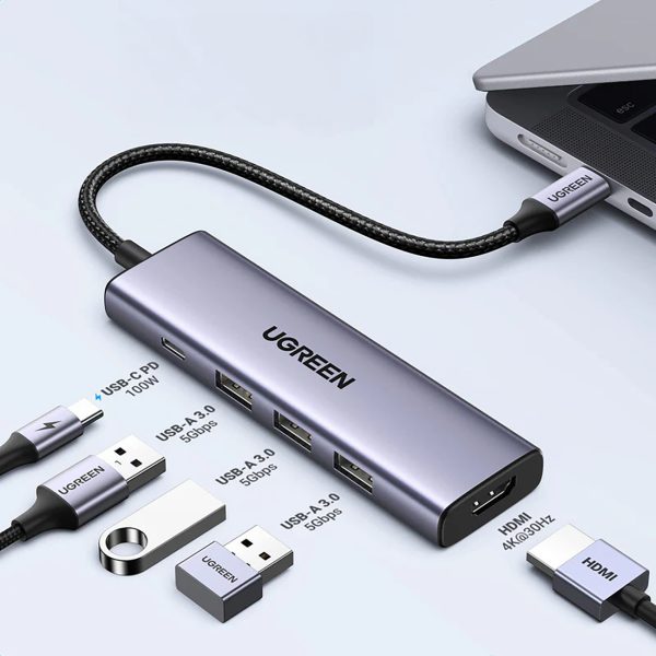 5in1 centrmezgla adapteris USB-C - USB-C PD / HDMI / 3x USB-A 3.0 - pelēks
