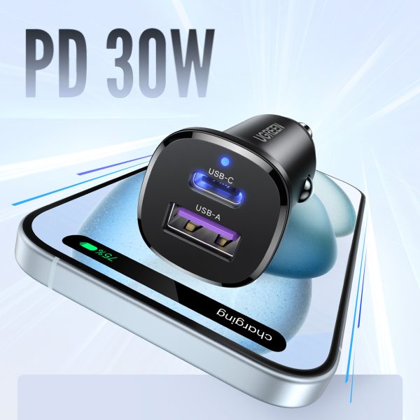 USB-C USB-A 30W automašīnas lādētājs - melns