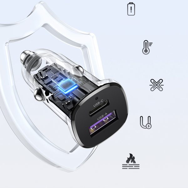USB-C USB-A 30W automašīnas lādētājs - melns
