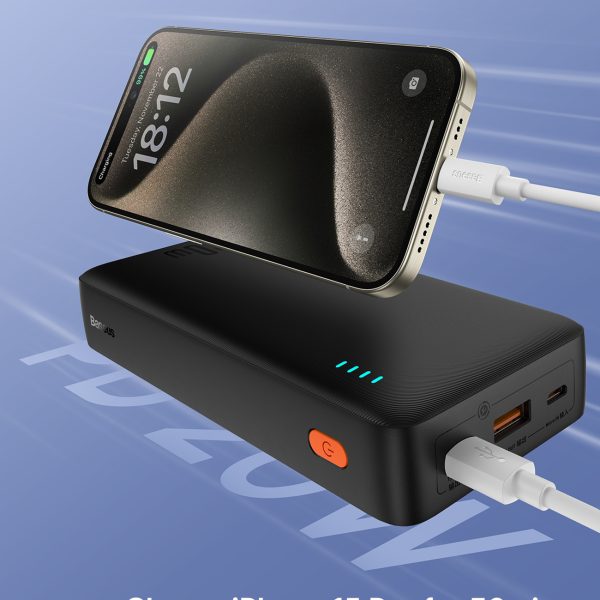 Powerbank 20000mAh Airpow 20W ar USB-A - USB-C kabeli 50cm - melns