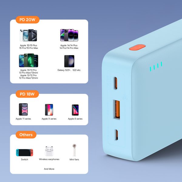 Powerbank 20000mAh Airpow 20W ar USB-A - USB-C kabeli 50cm - zils