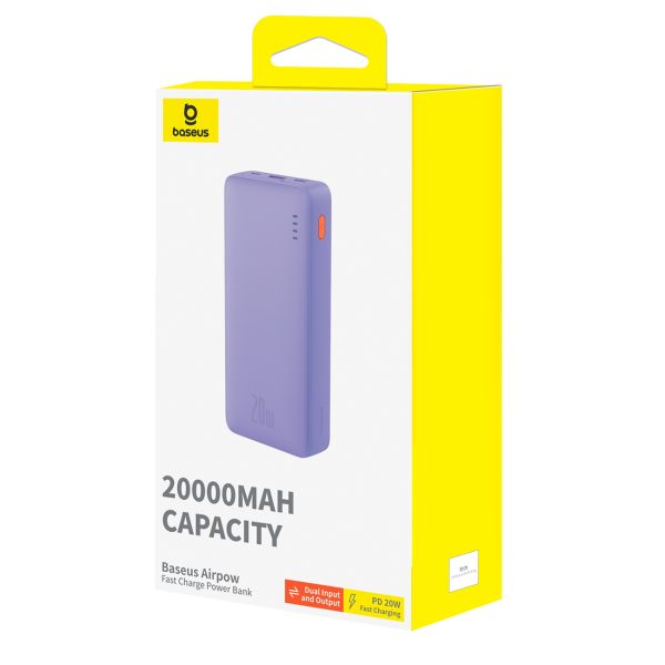 Powerbank 20000mAh Airpow ātrās uzlādes 20W ar USB USB-C kabeli 50cm - violets