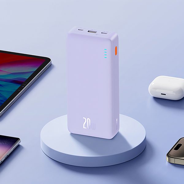 Powerbank 20000mAh Airpow ātrās uzlādes 20W ar USB USB-C kabeli 50cm - violets