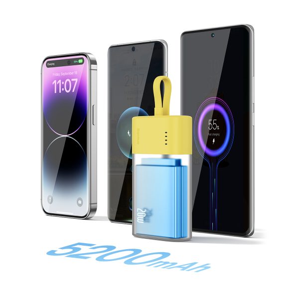 Powerbank Popsicle 5200mAh 20W ar Lightning kabeli 60W/20V/3A/30cm - dzelteni rozā