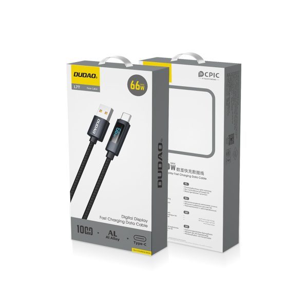 L7T USB-A - USB-C 66W kabelis ar LED displeju 1m - melns