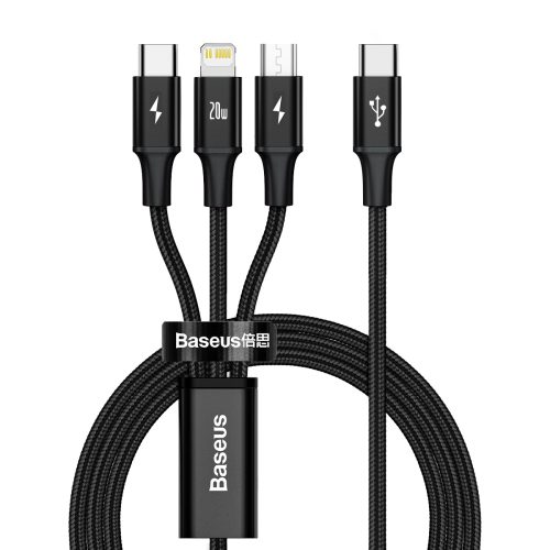 3in1 kabelis USB-C - USB-C / iPhone Lightning / microUSB 20W PD 1.5m - melns