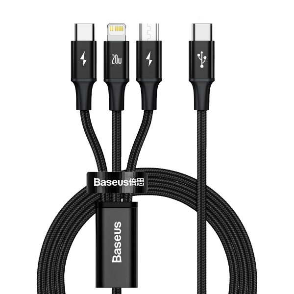 3in1 kabelis USB-C - USB-C / iPhone Lightning / microUSB 20W PD 1.5m - melns