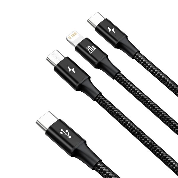 3in1 kabelis USB-C - USB-C / iPhone Lightning / microUSB 20W PD 1.5m - melns