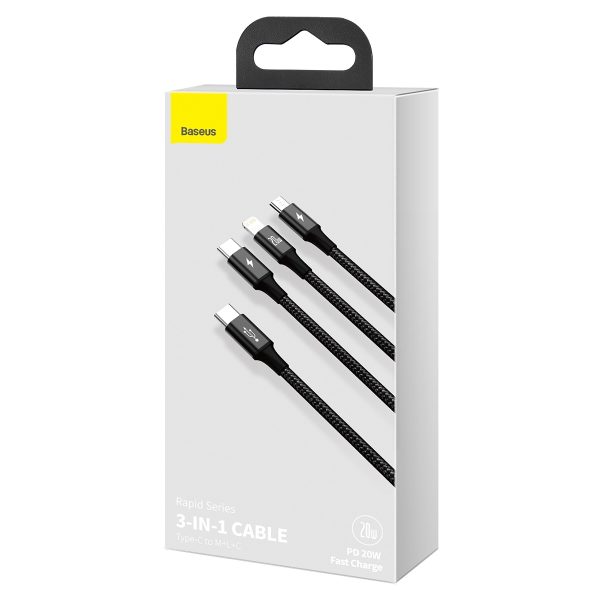 3in1 kabelis USB-C - USB-C / iPhone Lightning / microUSB 20W PD 1.5m - melns