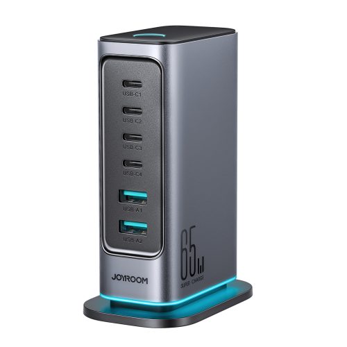 Uzlādes stacijas daudzportu lādētājs GaN 65W EU 4x USB-C un 2x USB-A - tumši pelēks