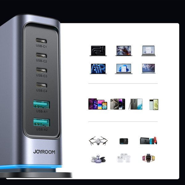Uzlādes stacijas daudzportu lādētājs GaN 65W EU 4x USB-C un 2x USB-A - tumši pelēks
