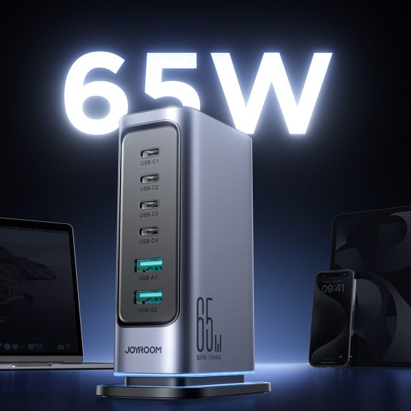 Uzlādes stacijas daudzportu lādētājs GaN 65W EU 4x USB-C un 2x USB-A - tumši pelēks