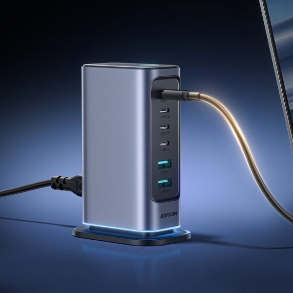 Uzlādes stacijas daudzportu lādētājs GaN 65W EU 4x USB-C un 2x USB-A - tumši pelēks