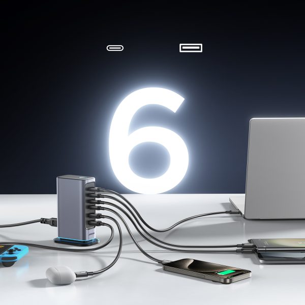 Uzlādes stacijas daudzportu lādētājs GaN 65W EU 4x USB-C un 2x USB-A - tumši pelēks