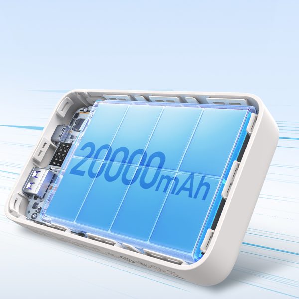 Powerbank 20000mAh 22.5W USB-C USB-A iebūvēts USB-C kabelis - balts