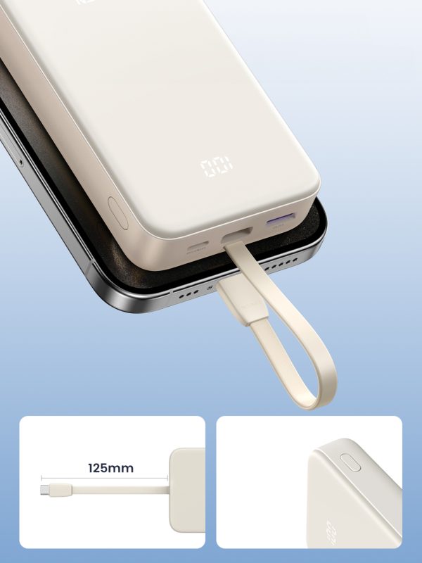 Powerbank 20000mAh 22.5W USB-C USB-A iebūvēts USB-C kabelis - balts