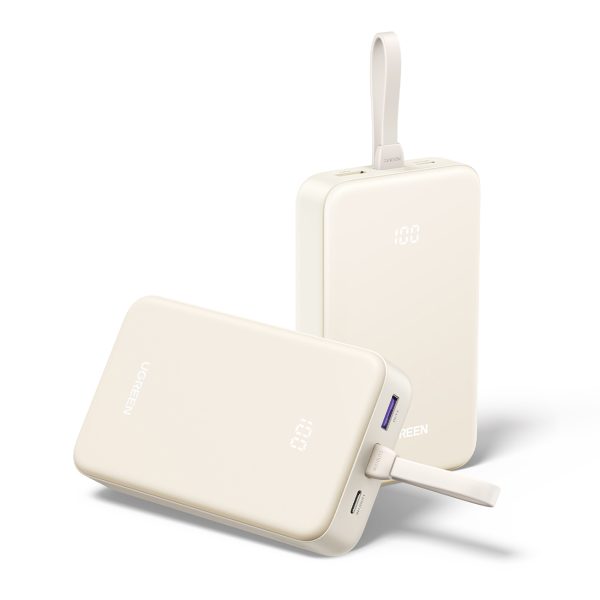 Powerbank 20000mAh 22.5W USB-C USB-A iebūvēts USB-C kabelis - balts