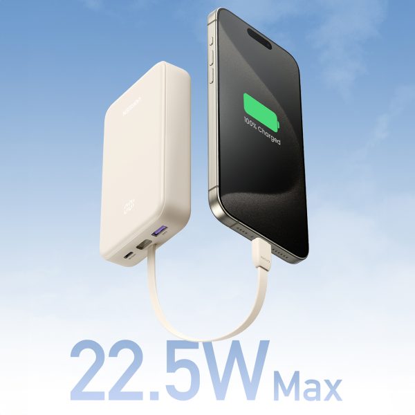 Powerbank 20000mAh 22.5W USB-C USB-A iebūvēts USB-C kabelis - balts