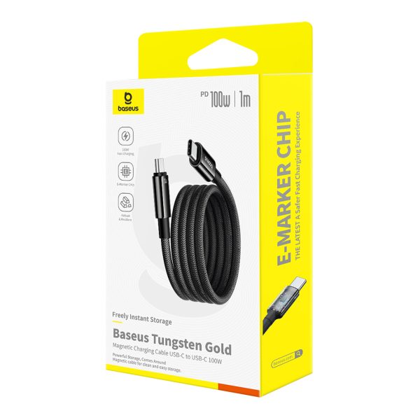 Volframa zelta kabelis ar magnētisku organizatoru USB-C 100W 1m - melns
