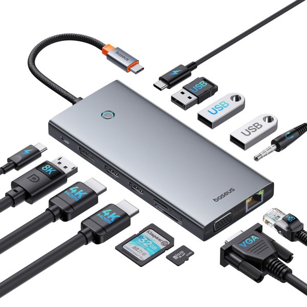 13w1 centrmezgla adapteris PortalJoy sērija USB-C HDMI DP VGA USB-A PD RJ45 SD TF AUX - szary