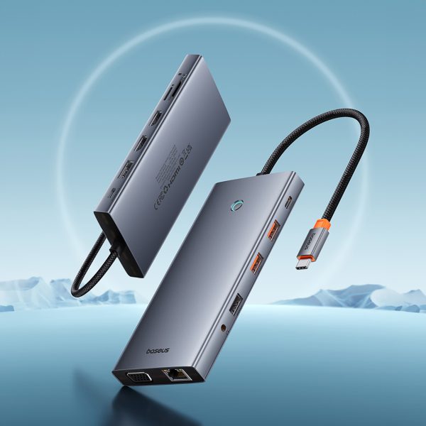13w1 centrmezgla adapteris PortalJoy sērija USB-C HDMI DP VGA USB-A PD RJ45 SD TF AUX - szary