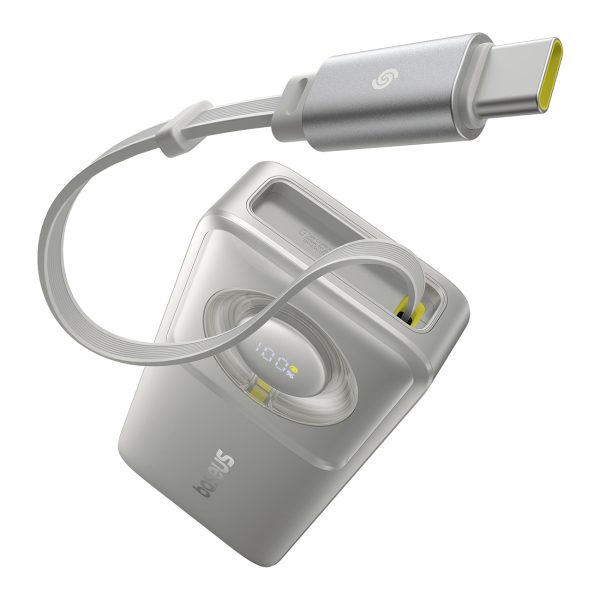 Free2Pull 10000mAh 30W Powerbank ar USB-C portu un ievelkamu USB-C kabeli - pelēks