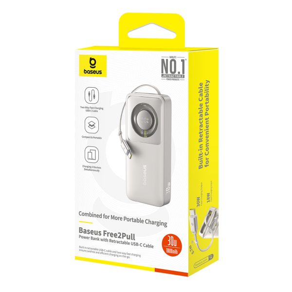Free2Pull 10000mAh 30W Powerbank ar USB-C portu un ievelkamu USB-C kabeli - pelēks