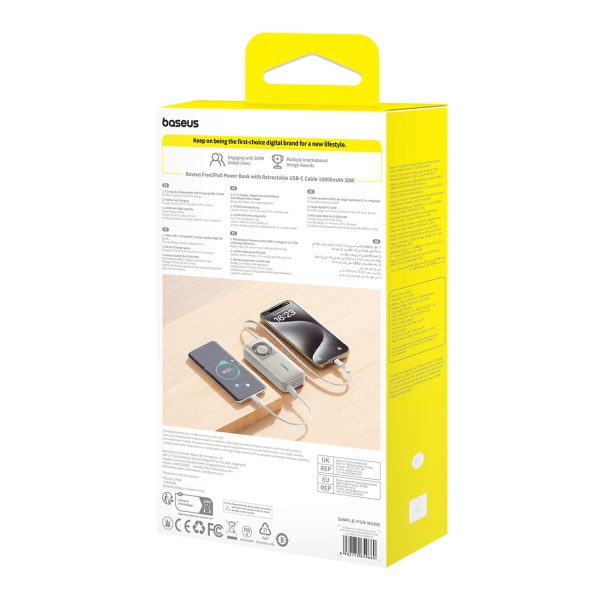 Free2Pull 10000mAh 30W Powerbank ar USB-C portu un ievelkamu USB-C kabeli - pelēks