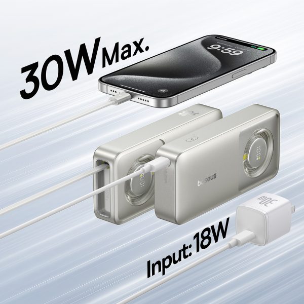 Free2Pull 10000mAh 30W Powerbank ar USB-C portu un ievelkamu USB-C kabeli - pelēks