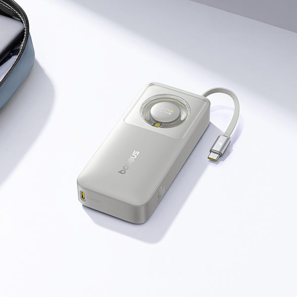 Free2Pull 10000mAh 30W Powerbank ar USB-C portu un ievelkamu USB-C kabeli - pelēks