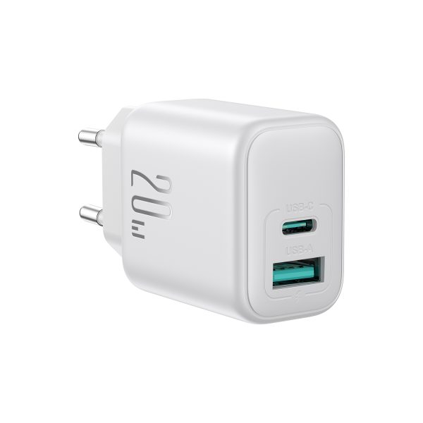 USB-C USB-A 20W PD QC 3.0 sienas lādētājs - balts