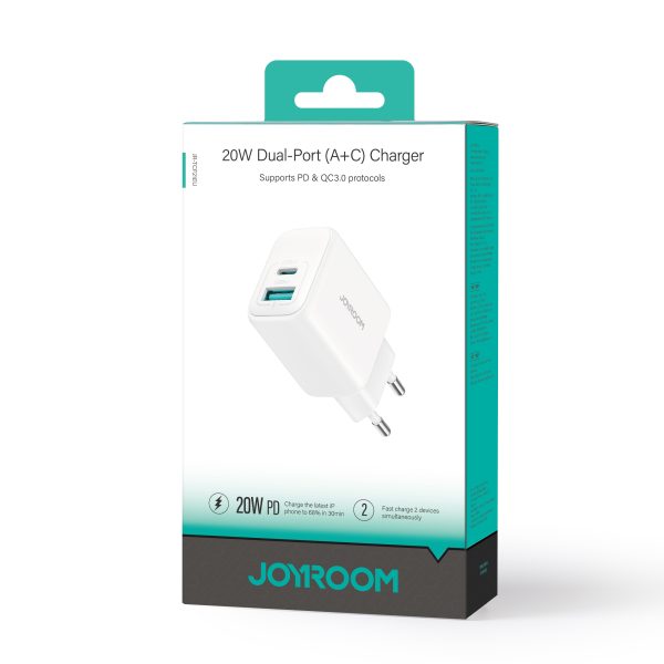 USB-C USB-A 20W PD QC 3.0 sienas lādētājs - balts