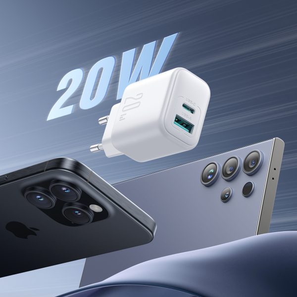 USB-C USB-A 20W PD QC 3.0 sienas lādētājs - balts