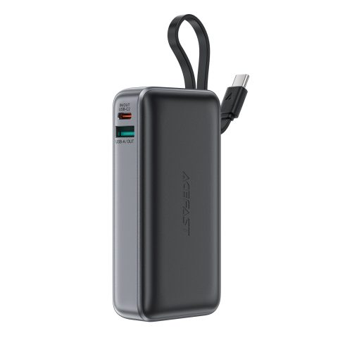 Powerbank 10000mAh PD30W ar iebūvētu USB-C kabeli - melns