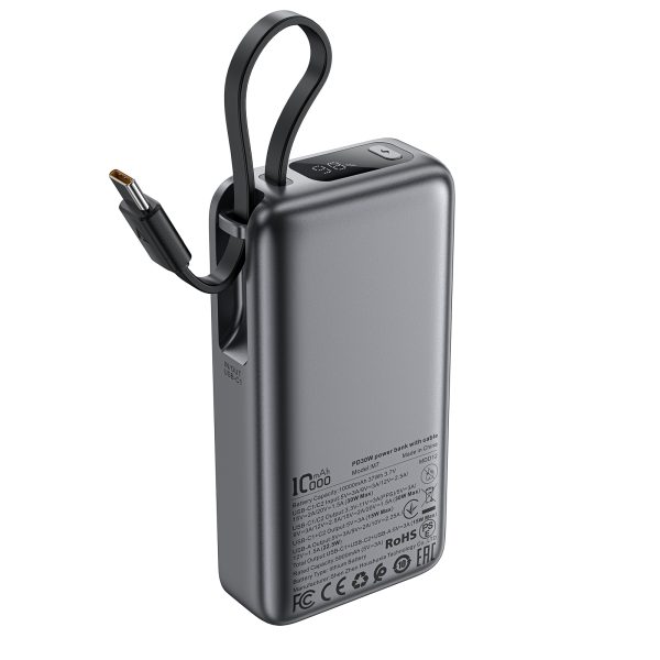 Powerbank 10000mAh PD30W ar iebūvētu USB-C kabeli - melns