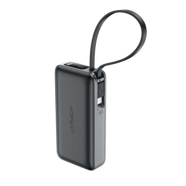Powerbank 10000mAh PD30W ar iebūvētu USB-C kabeli - melns