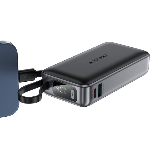 Powerbank 10000mAh PD30W ar iebūvētu USB-C kabeli - melns