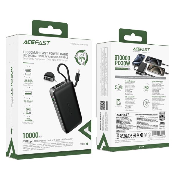 Powerbank 10000mAh PD30W ar iebūvētu USB-C kabeli - melns