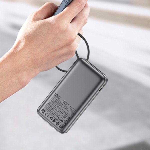 Powerbank 10000mAh PD30W ar iebūvētu USB-C kabeli - melns