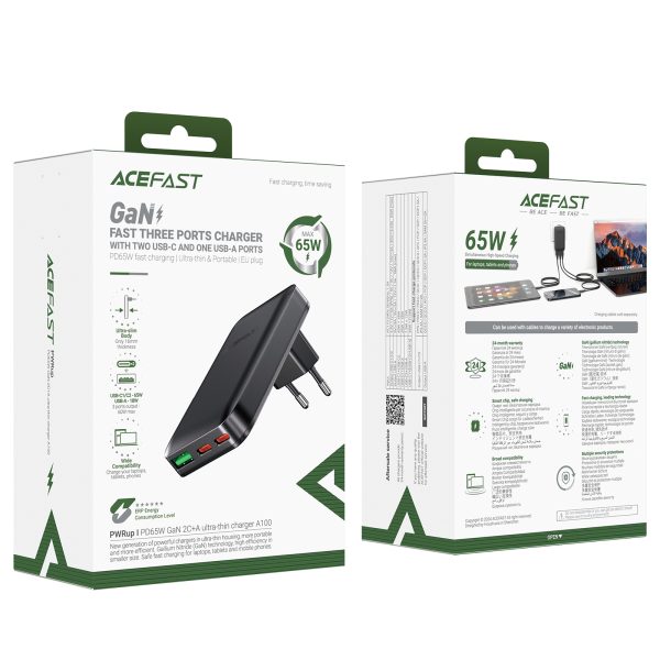 65 W GaN 2 USB-C USB-A īpaši plāns, plakans sienas lādētājs - melns