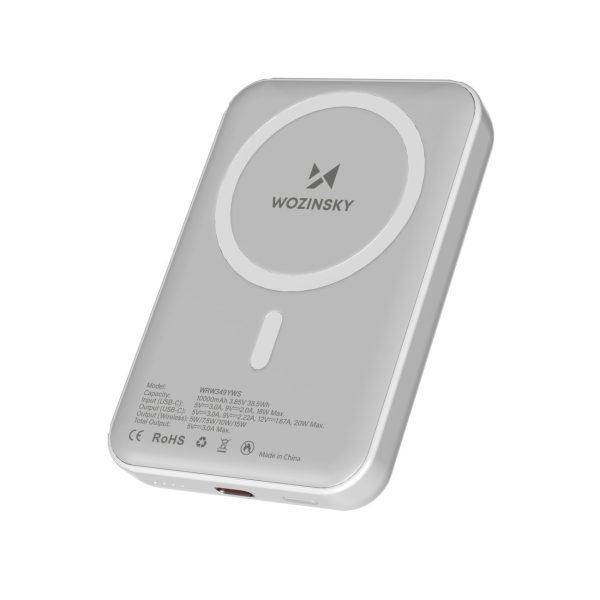 Magnētiskā pārnēsājamā uzlādes ierīce 10000 mAh ar USB-C kabeli 25 cm - balta