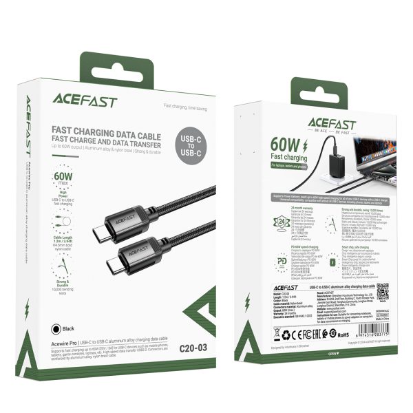 Kabelis USB-C - USB-C 480Mb/s 3A 1.2m - melns