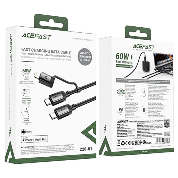 Kabelis USB-C - USB-C / Lightning 60W 480Mb/s 3A 1.2m - melns