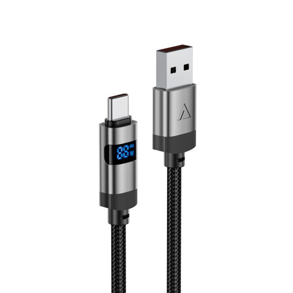 Kabelis USB-A - USB-C ar displeju 480Mb/s 66W 1.2m - melns