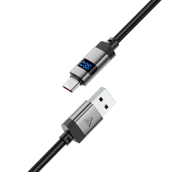 Kabelis USB-A - USB-C ar displeju 480Mb/s 66W 1.2m - melns